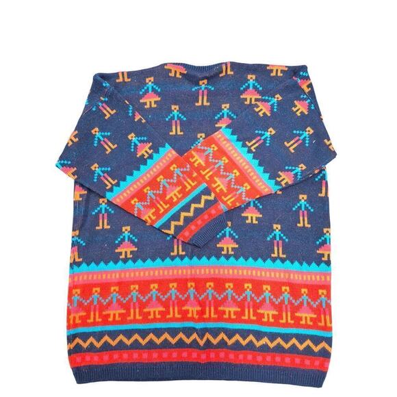 VTG Y2K Pixelated People Stick Figure Sweater 90s Blue Red Ugly XL Unisex - Picture 5 of 6